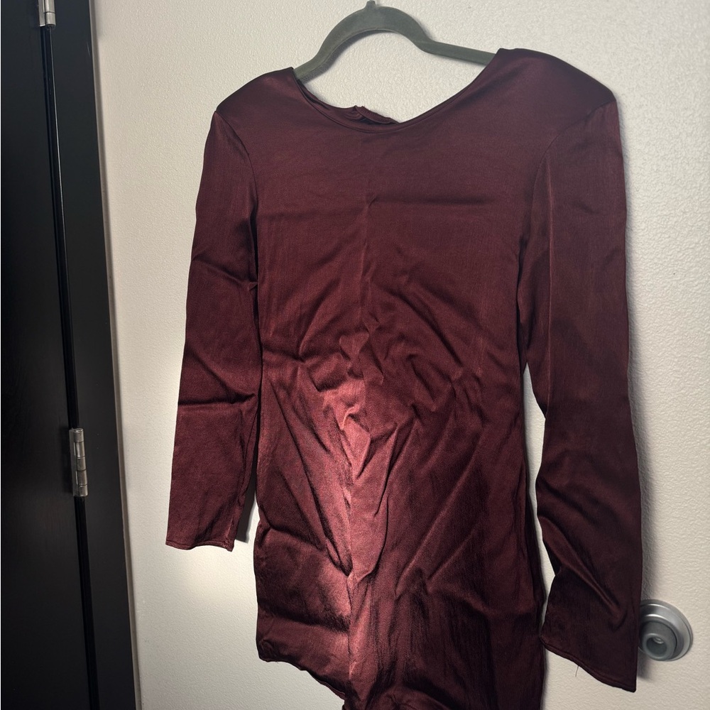 Burgundy Zara Long Sleeve Bodycon Dress with Shoulder Pads